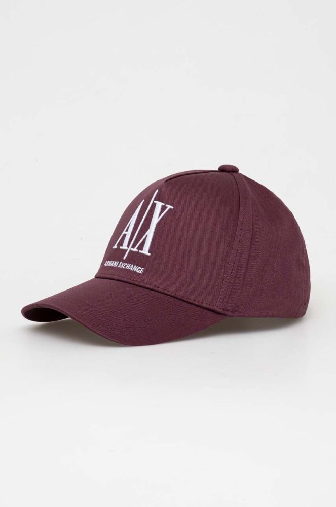 Бавовняна шапка Armani Exchange колір бордовий з аплікацією