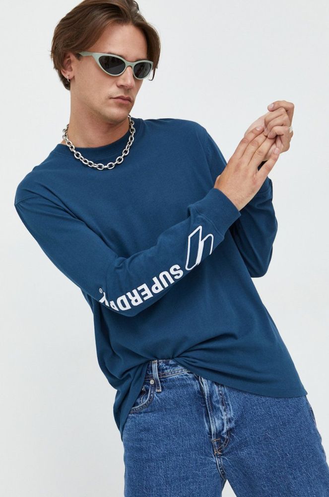 Бавовняний лонгслів Superdry колір зелений з аплікацією (2731714)