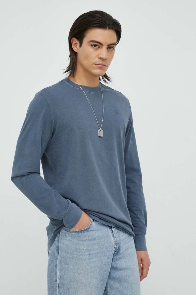 Бавовняний лонгслів G-Star Raw однотонний колір блакитний
