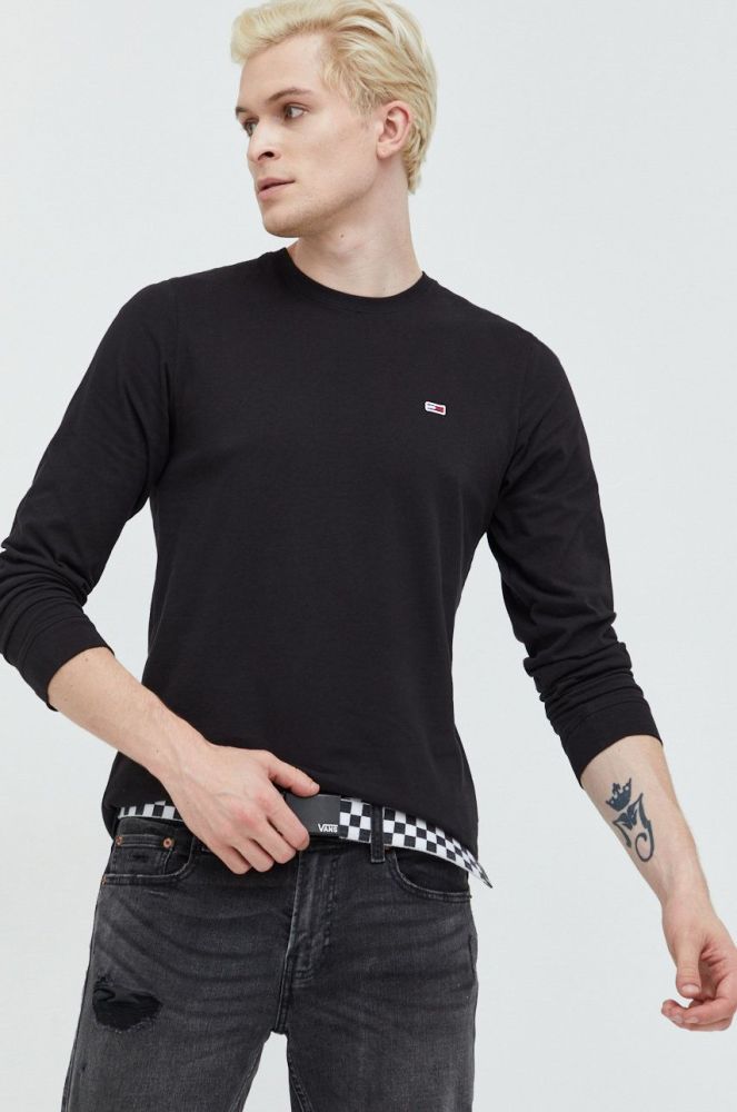 Бавовняний лонгслів Tommy Jeans колір чорний однотонний (2696010)