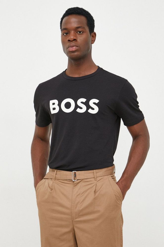 Бавовняна футболка BOSS Boss Casual колір чорний з принтом