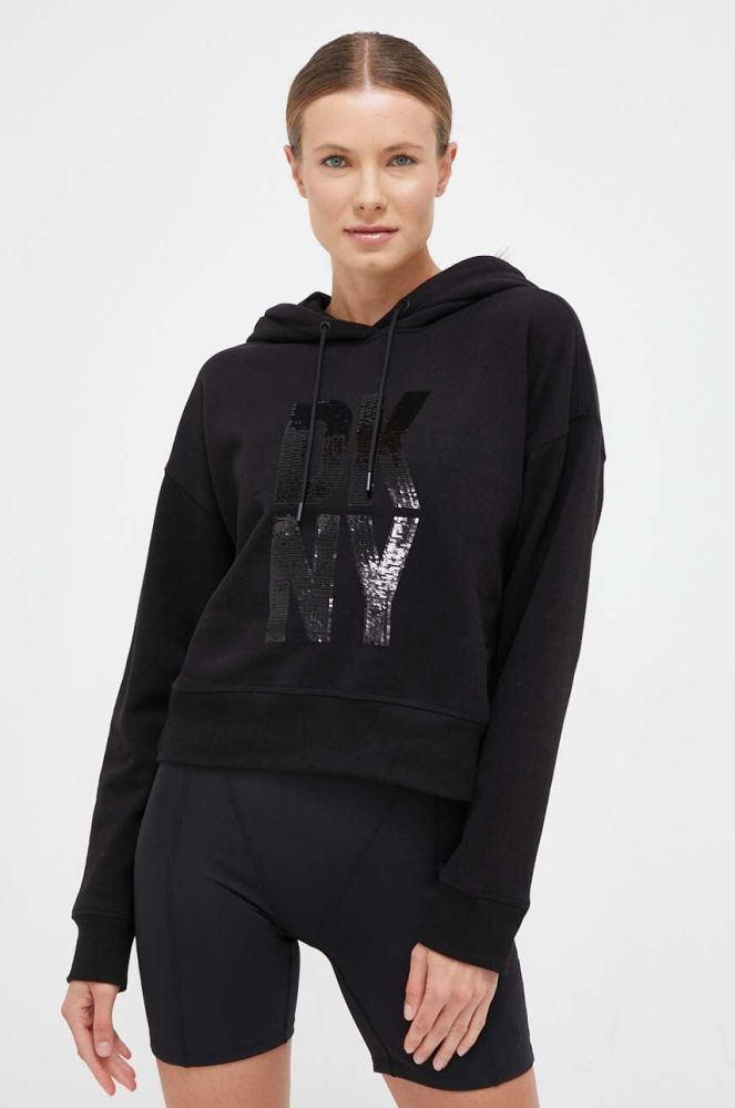 Кофта Dkny жіноча колір чорний з капюшоном з аплікацією