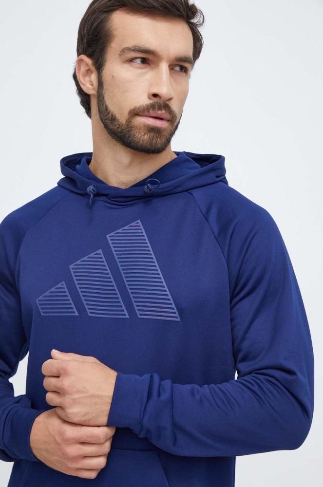 Тренувальна кофта adidas Performance колір синій з капюшоном з принтом