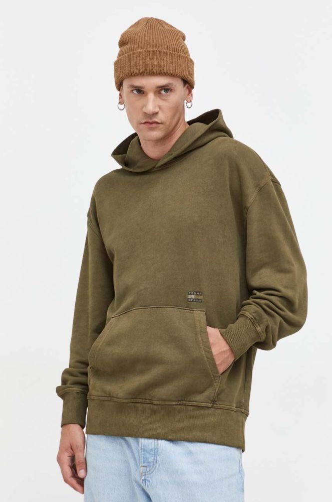 Бавовняна кофта Tommy Jeans чоловіча колір зелений з капюшоном з аплікацією (3632634)