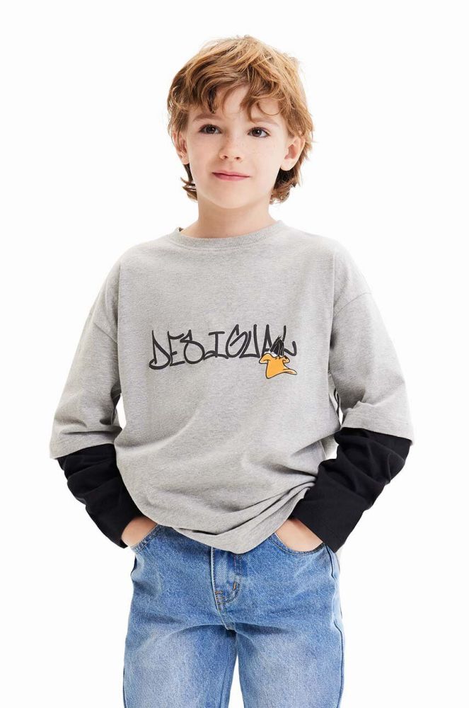 Дитячий бавовняний лонгслів Desigual x Looney Tunes колір сірий з принтом