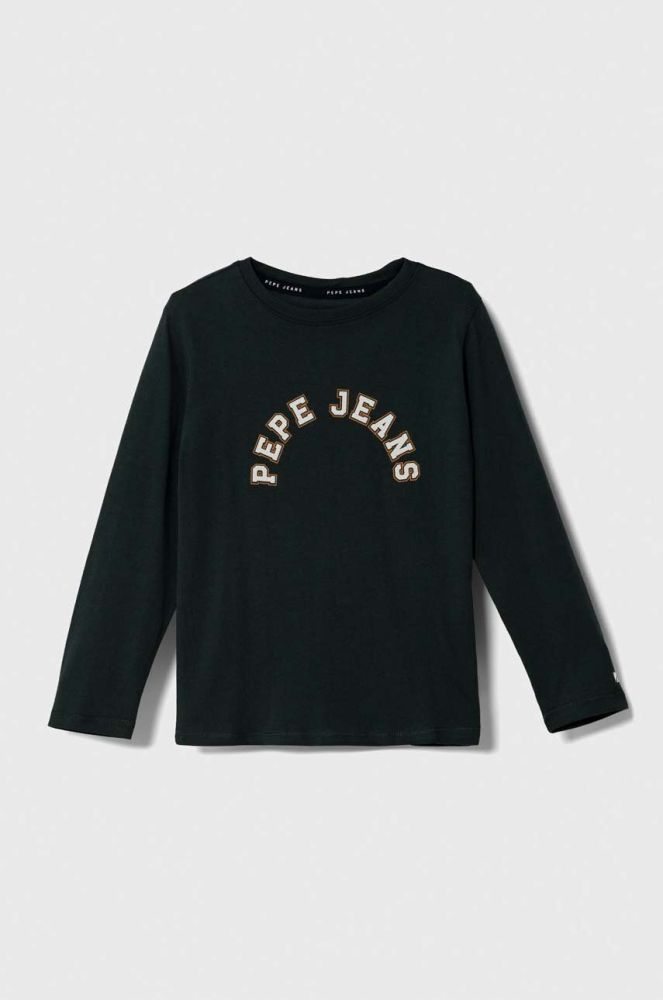 Дитячий бавовняний лонгслів Pepe Jeans колір зелений з принтом