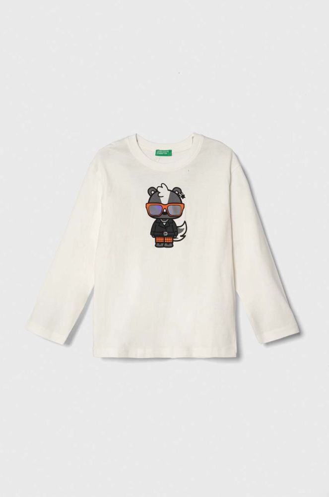 Дитячий бавовняний лонгслів United Colors of Benetton колір бежевий з принтом (3601774)