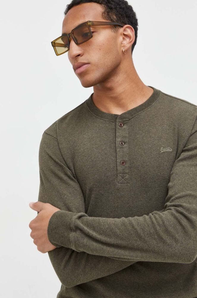 Бавовняний лонгслів Superdry колір зелений меланж