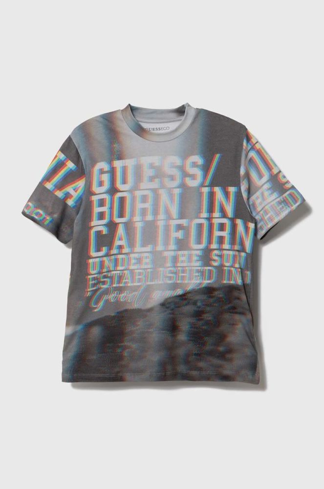 Дитяча бавовняна футболка Guess колір сірий візерунок (3529584)