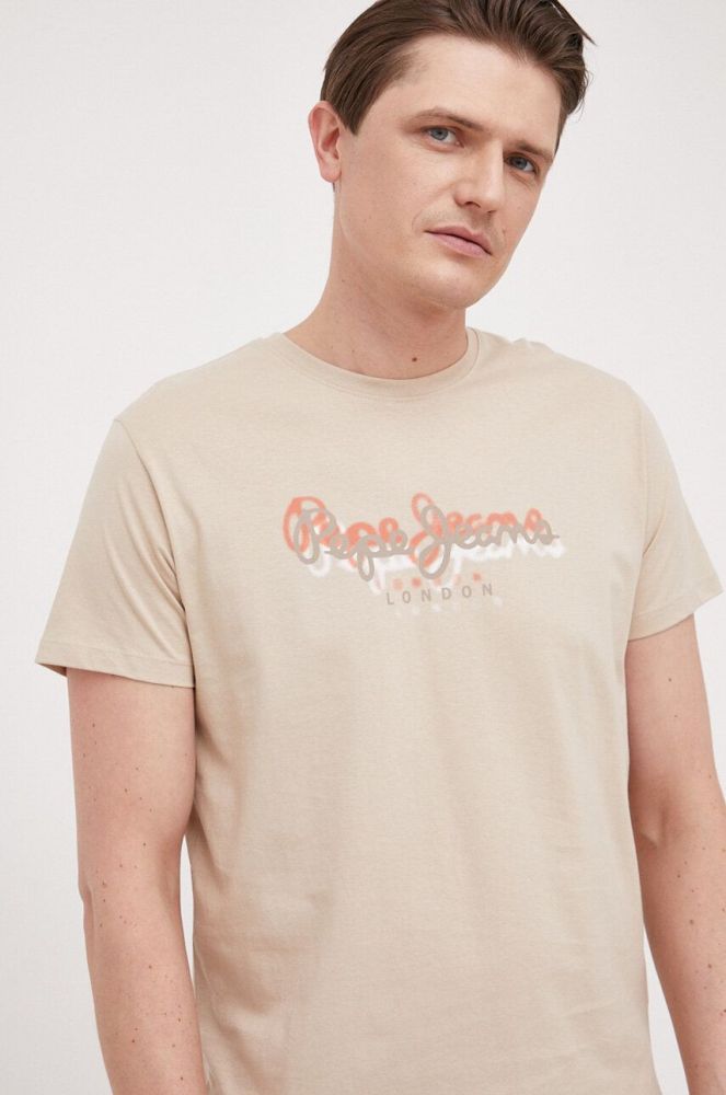 Бавовняна футболка Pepe Jeans Richme колір бежевий з принтом